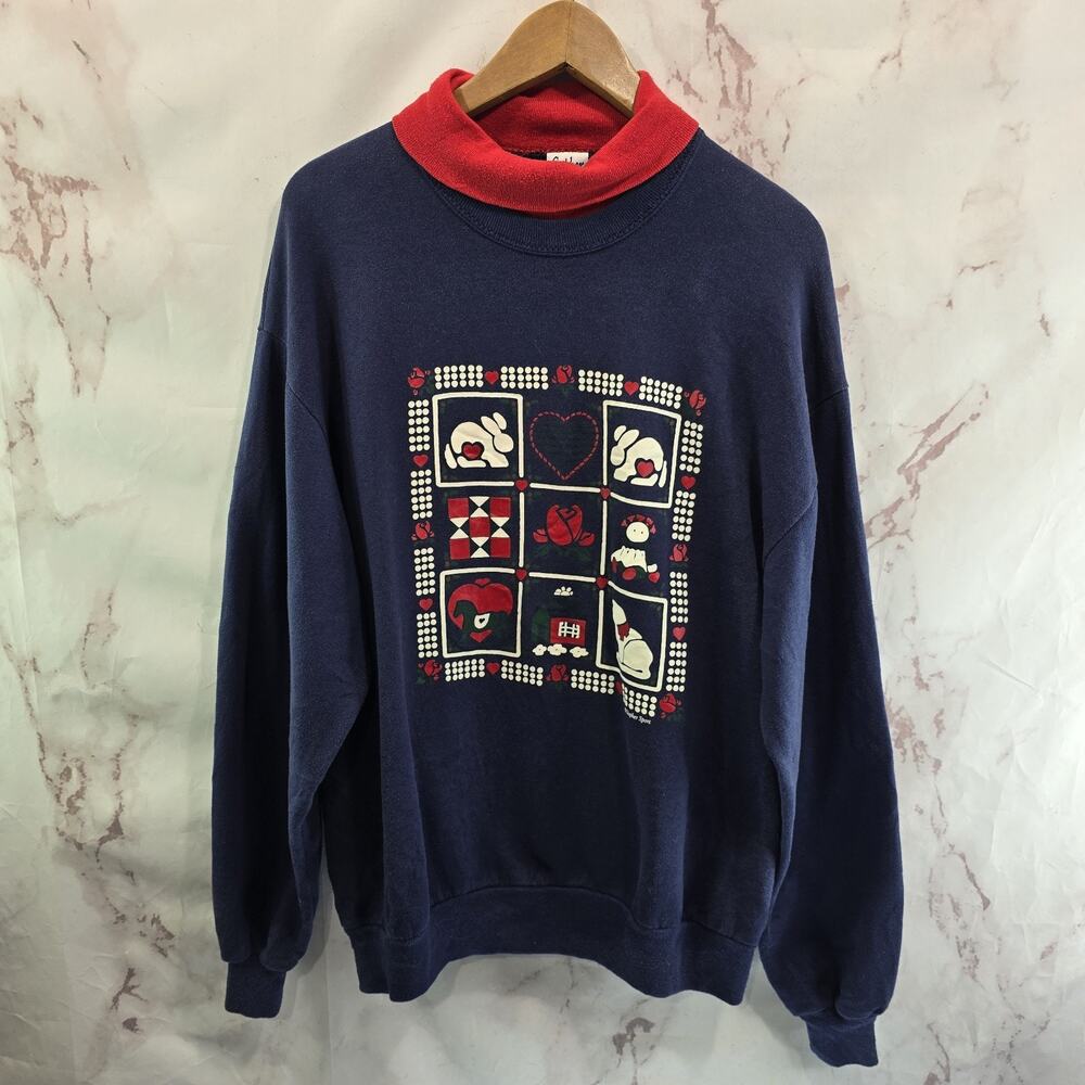Vintage Sweatshirt Womens XL Large 80s 90s Apple Rabbit Grandma Cross Stitch